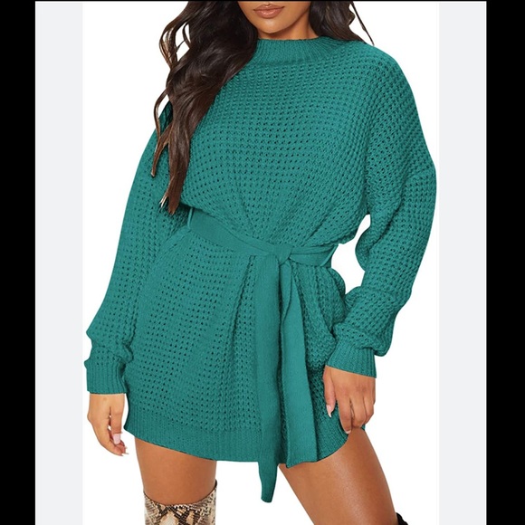 Zesica Amazon Find NWT❗️Peacock Green Crewneck Tie Waist Sweater Dress - Picture 9 of 9